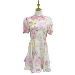 Antonio Melani Iris Linen 3D Floral Print Mockneck Short Sleeve Dress Ivory NWT